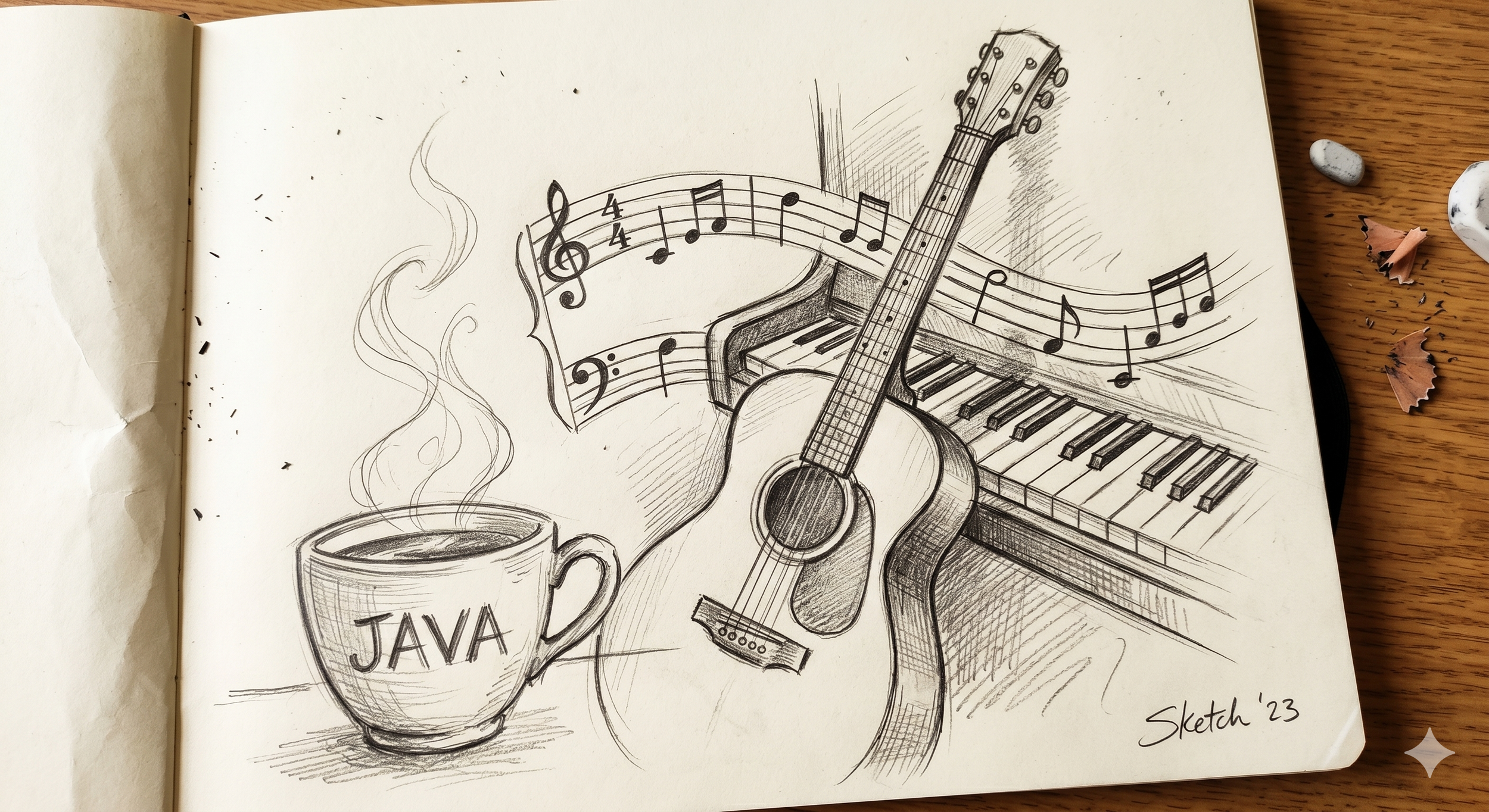 A sketch of musical instruments and a coffee cup on a notebook page, including a guitar, a piano, musical notes, and steam rising from the coffee, signed 'Sketch '23'.