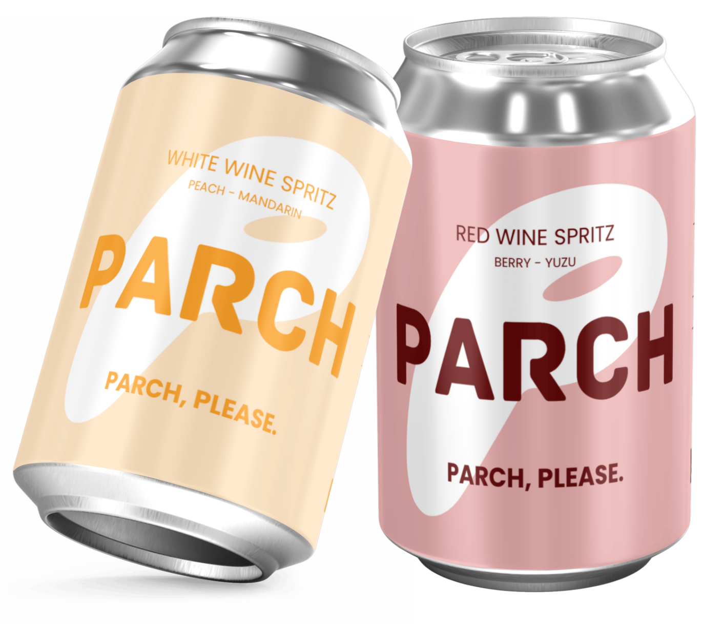 Two aluminum cans of PARCH wine spritz, peach-mandarin and berry-yuzu flavors, with colorful labels and pull-tabs at the top.