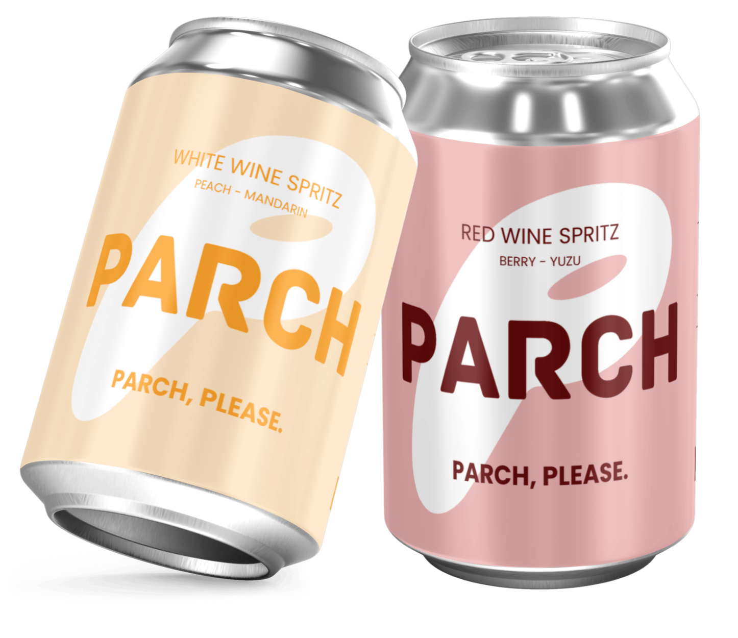 Two cans of PARCH beverage with different flavors, one labeled White Wine Spritz with peach and mandarin, and the other labeled Red Wine Spritz with berry and yuzu. The cans are positioned at an angle, with the White Wine Spritz can slightly tilted.
