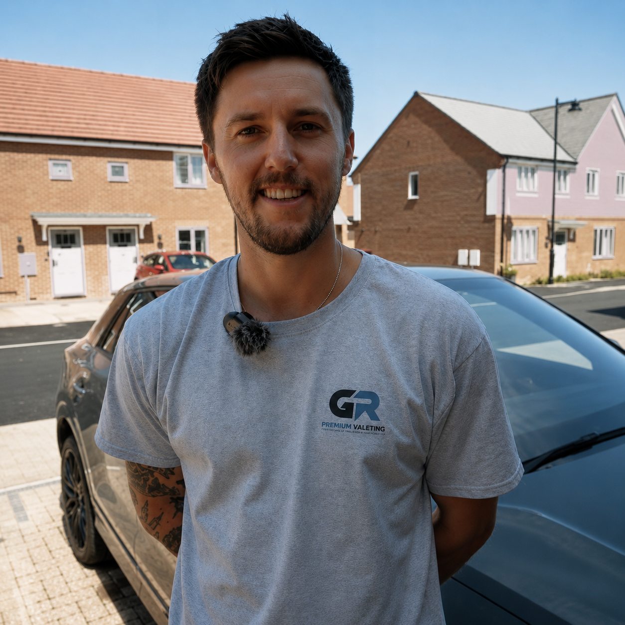 A smiling young man with short dark hair and a beard, standing outdoors in front of parked cars and residential houses, wearing a gray T-shirt with a logo that reads "Premium Valeting" and a small microphone clipped to his shirt.