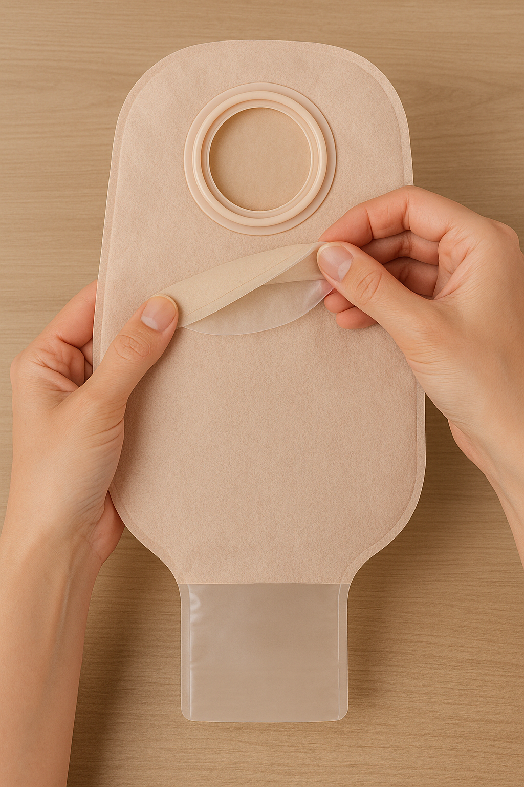 Hands applying an ostomy appliance during a fitting and troubleshooting consultation with an ostomy nurse in Burnaby.