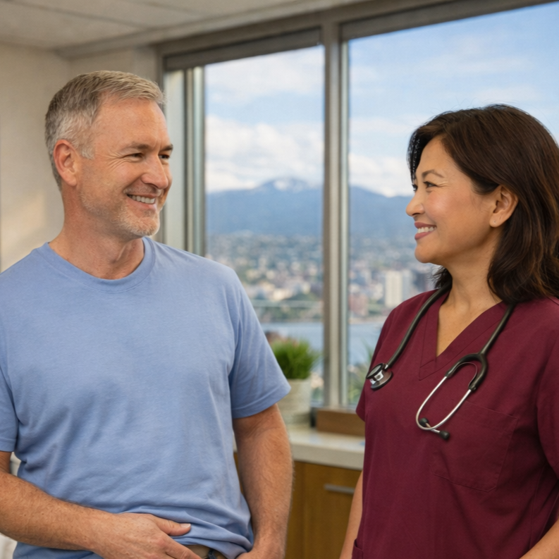 Ostomy nurse consulting with a patient transitioning from hospital care to home ostomy management.