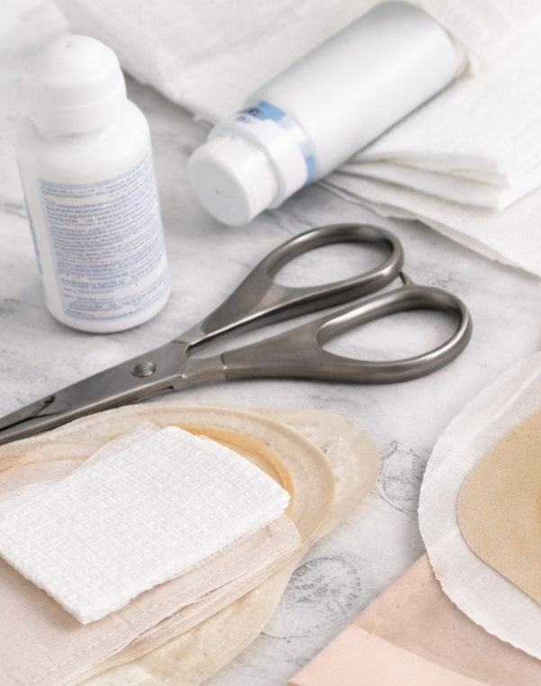 Ostomy care supplies and tools used by NSWOC nurses for skin and stoma assessment and ostomy care management