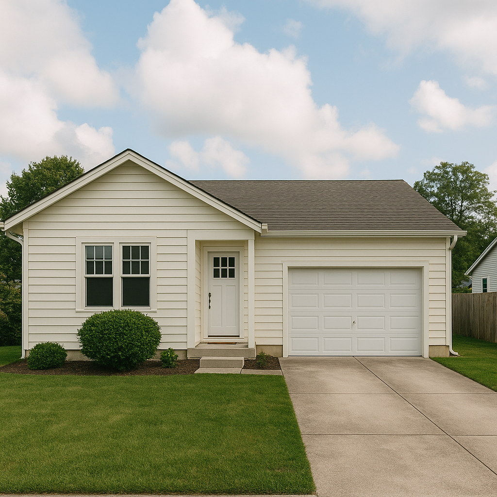 A white house with a brown roof, two windows, and a front door, with a small front yard and concrete driveway against a partly cloudy sky.