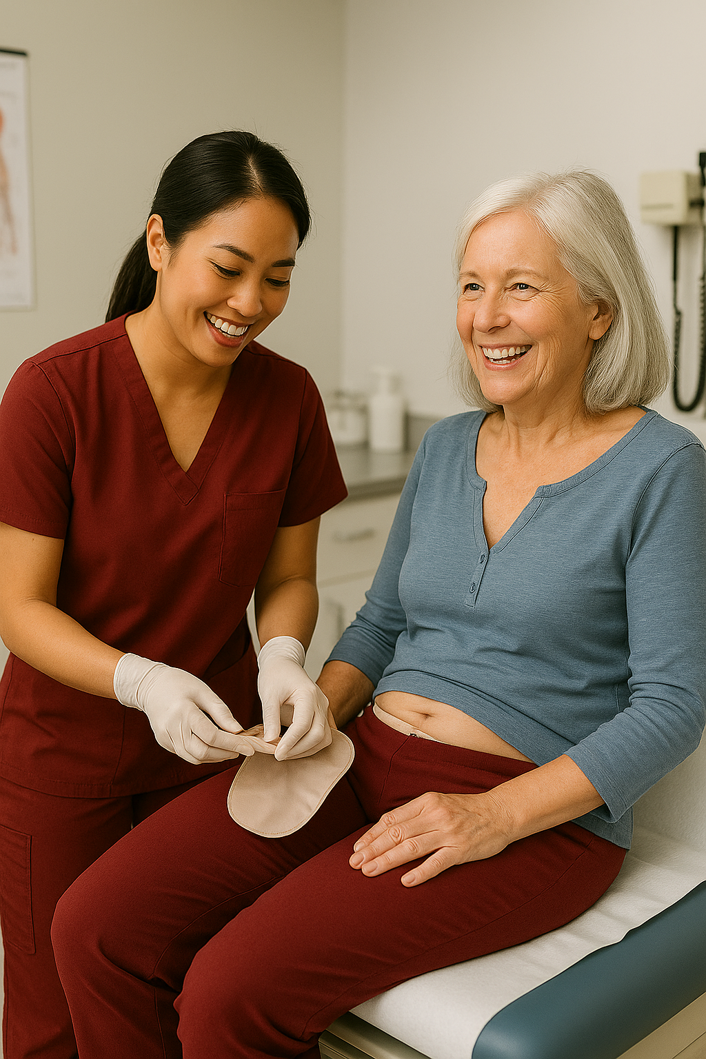NSWOC-certified ostomy nurse providing education and guidance to a new ostomy patient during a consultation in Burnaby, BC