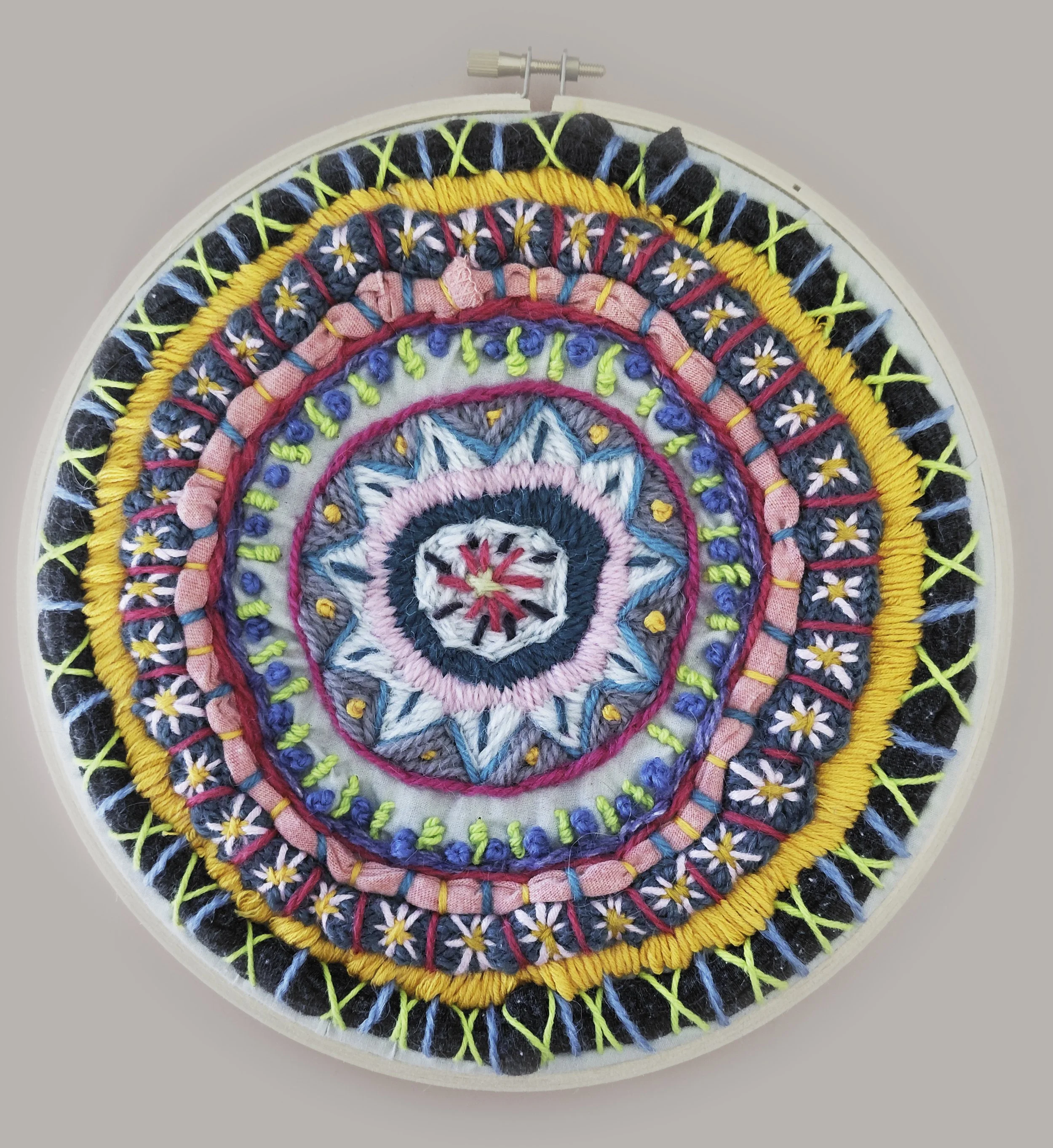 Mindful Mandala 4
Part of her Mindful Mandala series this work was made with the practice of daily slow stitching. Unique in materials and design, this work is framed beautifully within an embroidery hoop. 

PRICE: $390NZD

Email writeyourartout.crea