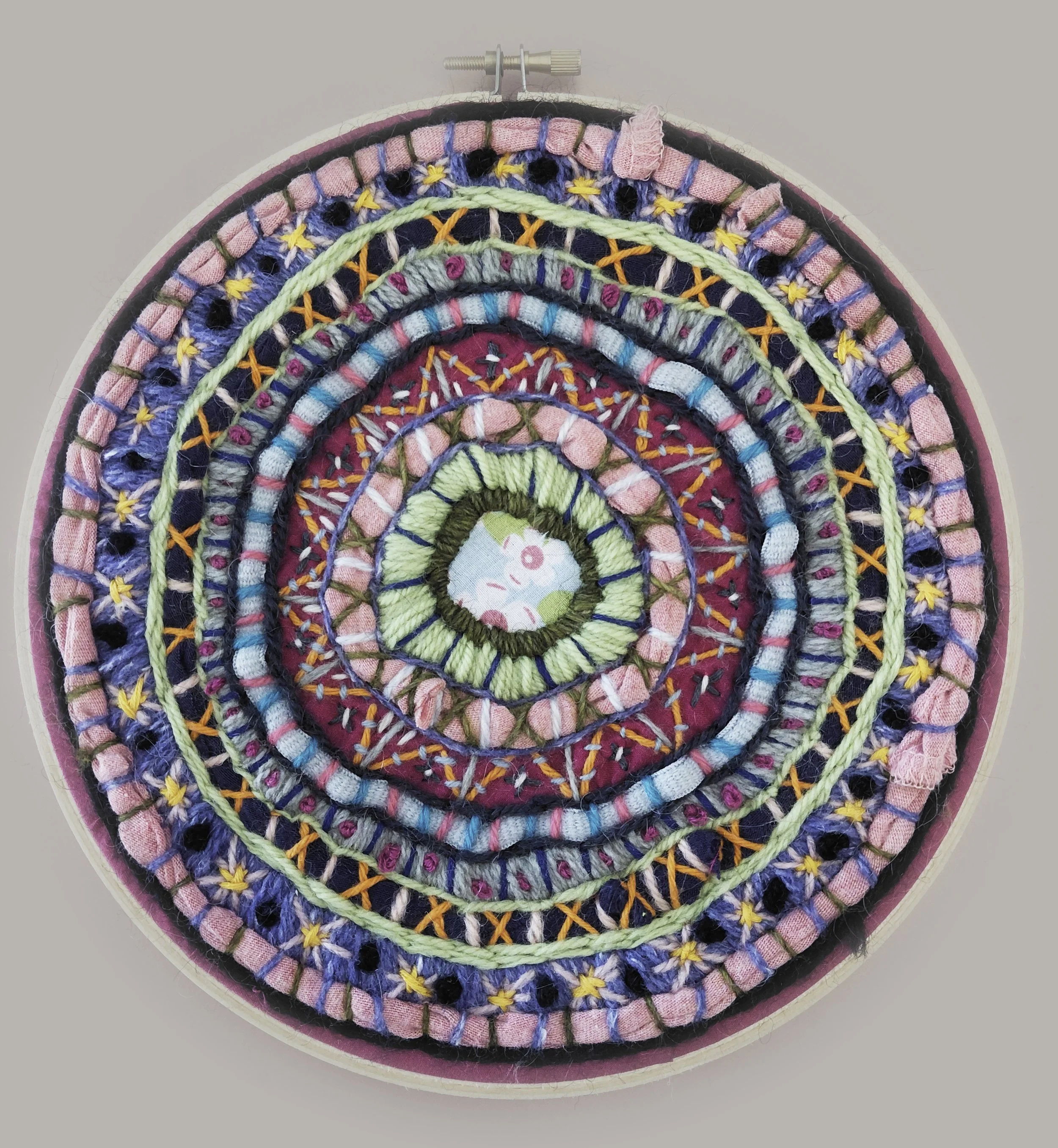 Mindful Mandala 3
Part of her Mindful Mandala series this work was made with the practice of daily slow stitching. Unique in materials and design, this work is framed beautifully within an embroidery hoop. 

PRICE: $390NZD

Email writeyourartout.crea