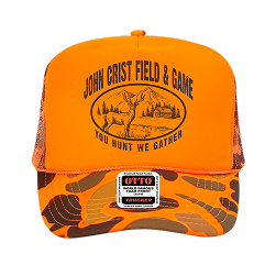 orange cap with deer and mountain image