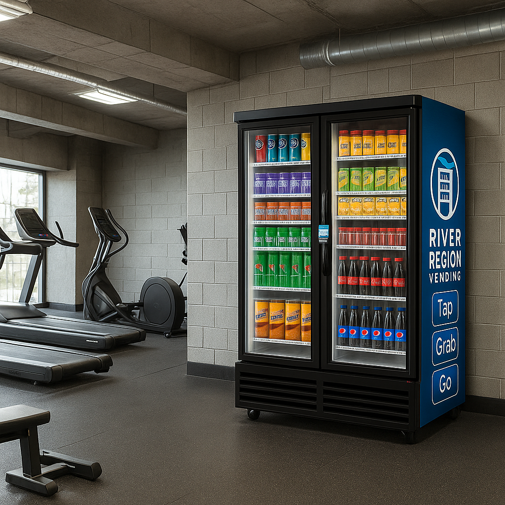 A vending machine stocked with various beverages, located near exercise equipment in a gym. The vending machine has a blue side panel with the label "River Region Vending" and options "Tap," "Grab," and "Go."