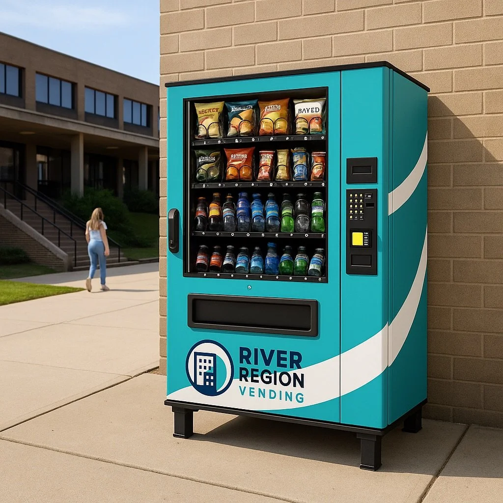 A vending machine labeled 'River Region Vending' stocked with snacks and drinks, placed outside on a sidewalk near a brick building.