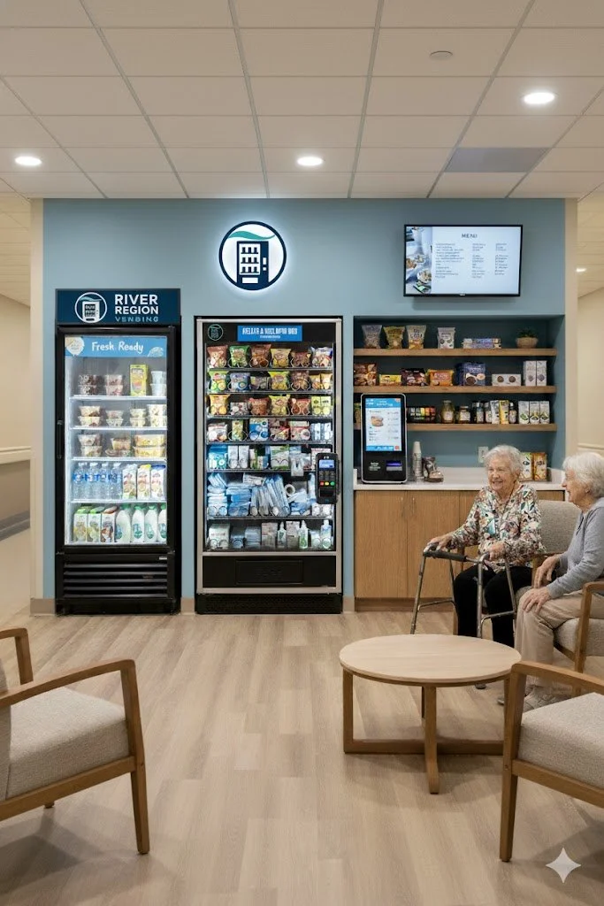 A small lounge area with two elderly women sitting and talking, near a vending machine for drinks and snacks in a assisted living or nursing facility.