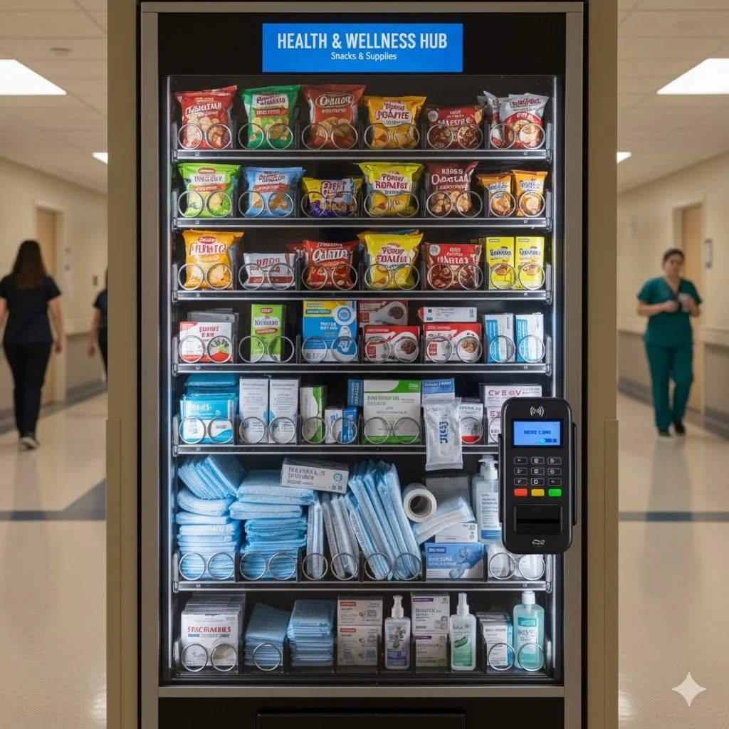 Vending machine labeled 'Health & Wellness Hub Snacks & Supplies' with various snack packages, medical supplies, and hygiene products inside, situated in a hospital corridor.