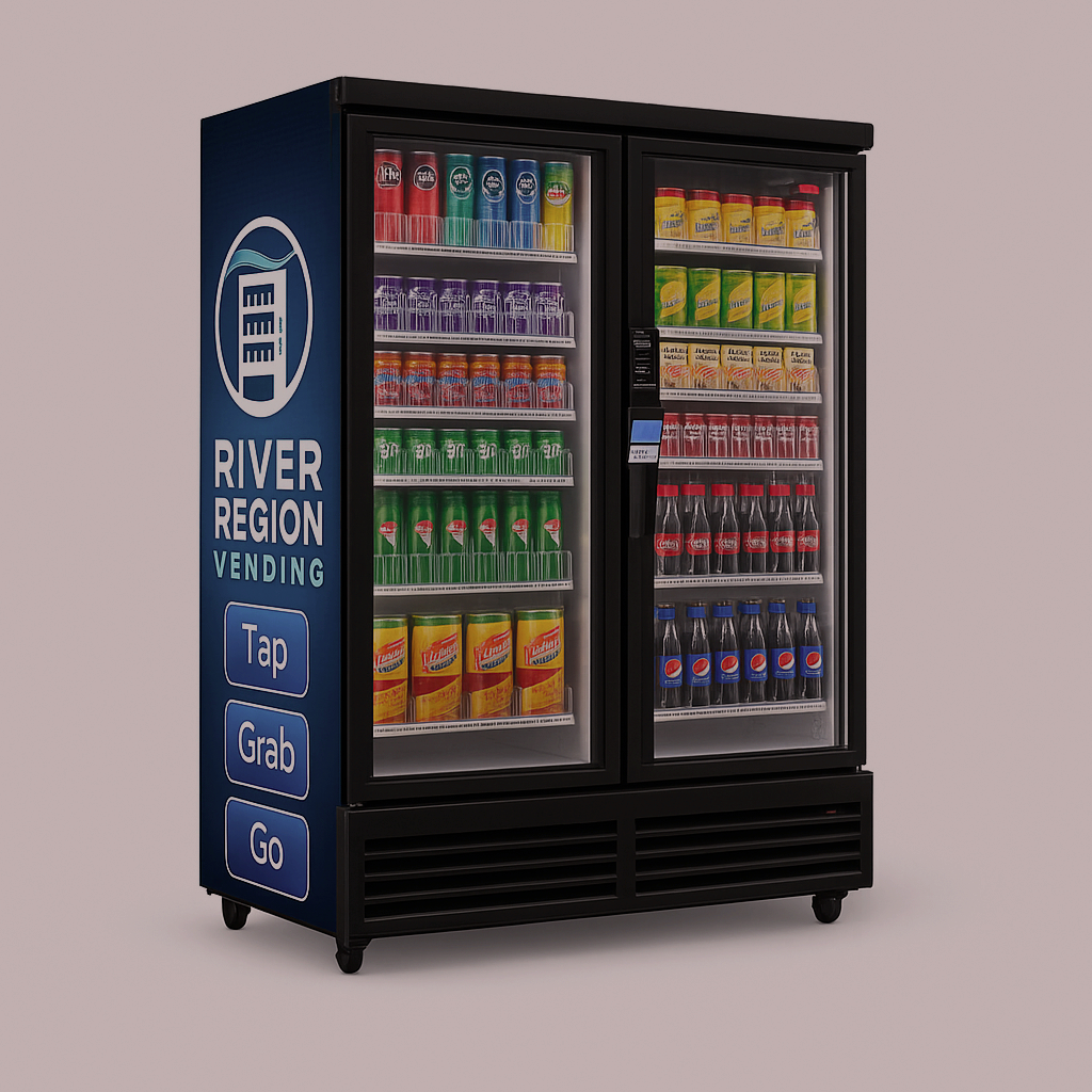 A vending machine labeled 'River Region Vending' with a logo, stocked with various canned and bottled drinks, including soda, juice, and water.