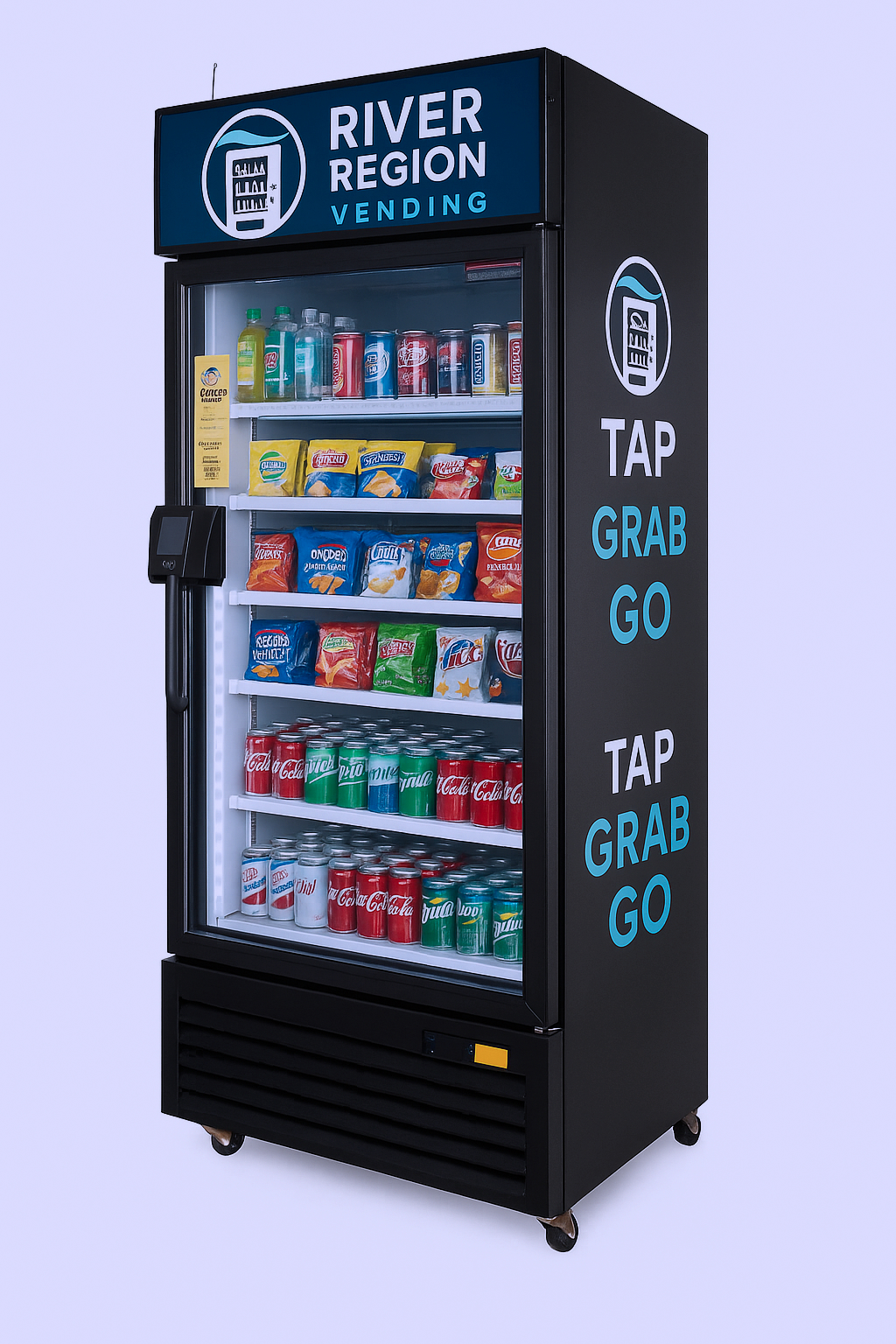 A vending machine with drinks and snacks, labeled 'River Region Vending' and instructions 'TAP, GRAB, GO' on the side.