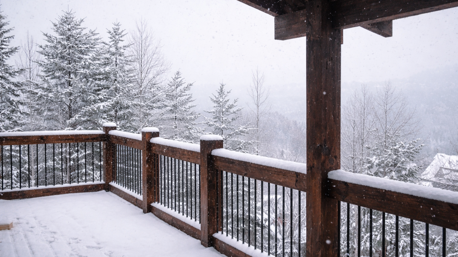 Black metal railing on a snowy mountain cabin deck surrounded by winter trees in the Smoky Mountains.