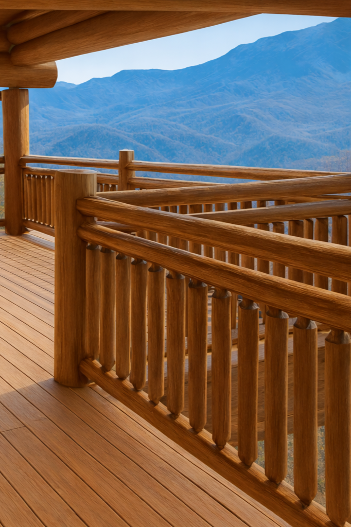 Timber style wooden railing on a mountain cabin deck overlooking layered Smoky Mountain views.