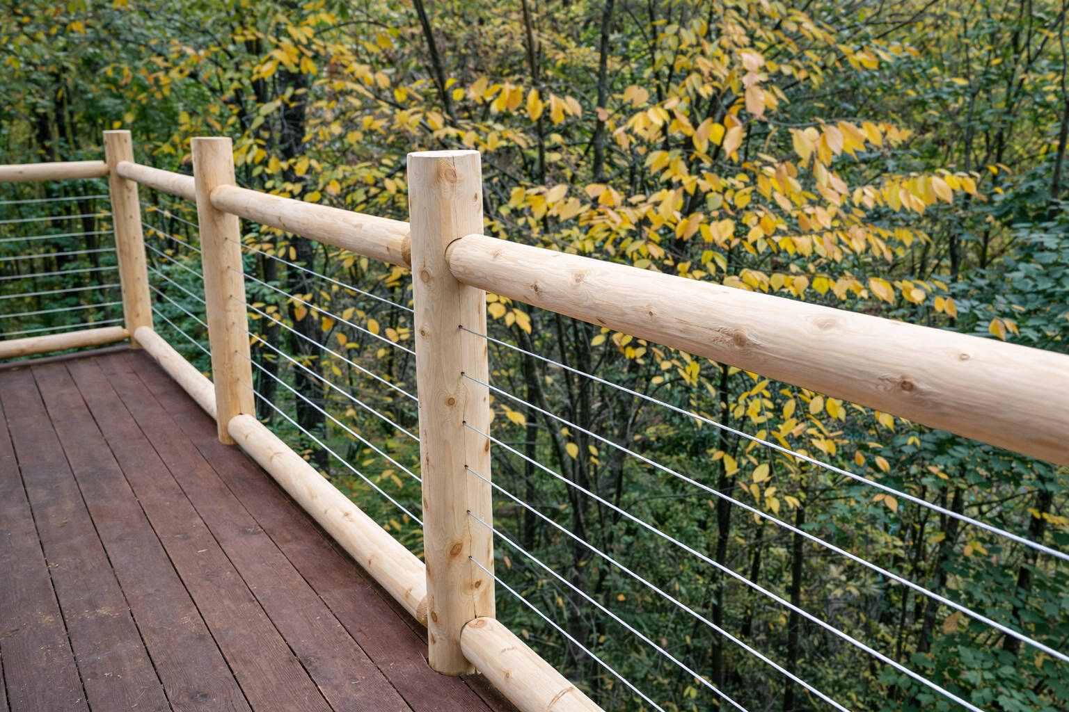 Horizontal cable railing along a rustic outdoor deck providing open scenic visibility.