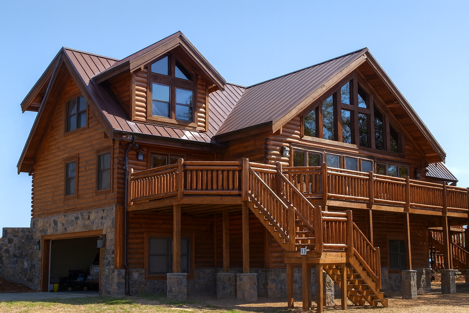 Handcrafted timber style railing on a Smoky Mountain cabin by Schmid Construction..