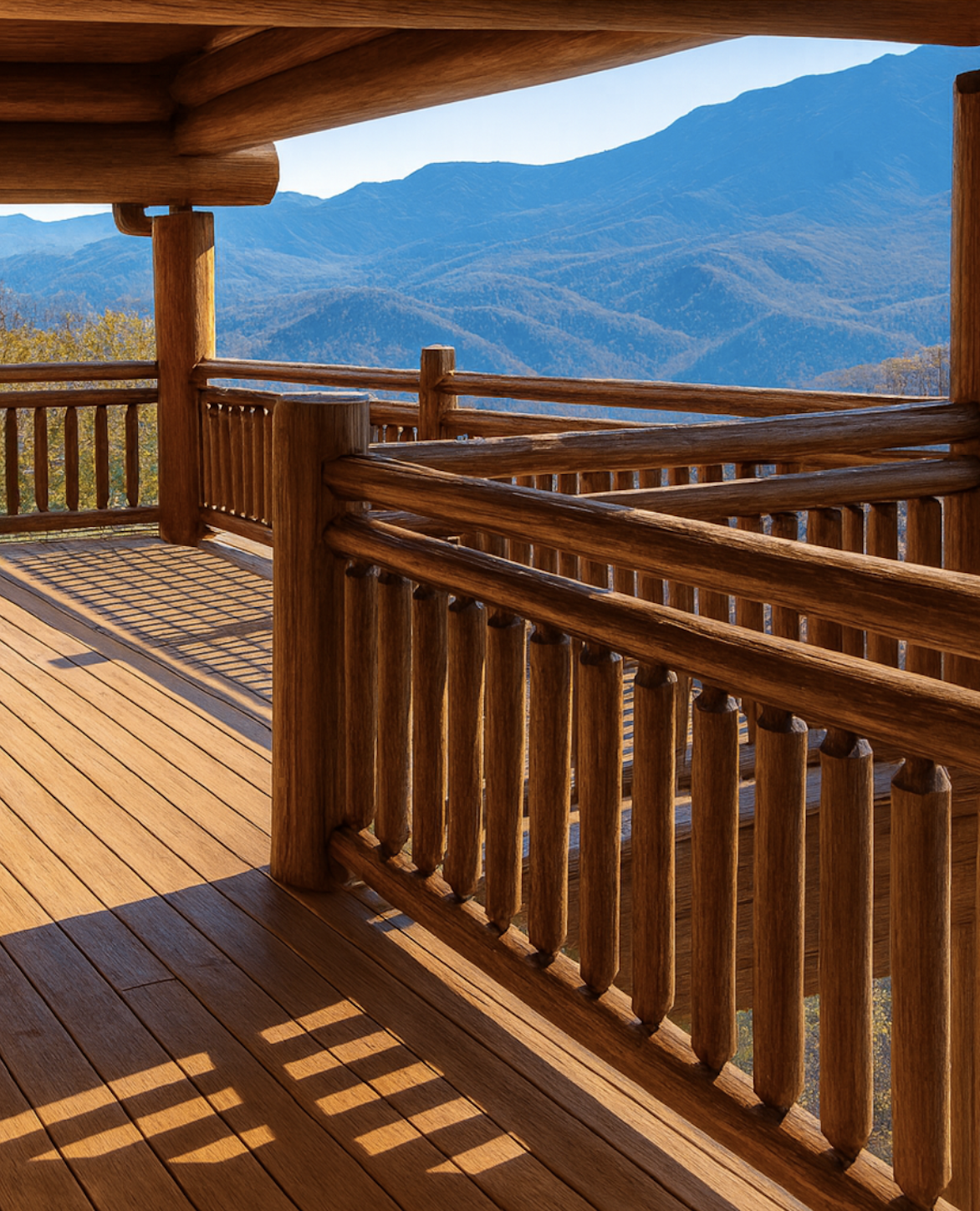 Custom log railing installation for Smoky Mountain cabins by Schmid Construction in Sevierville Tennessee.