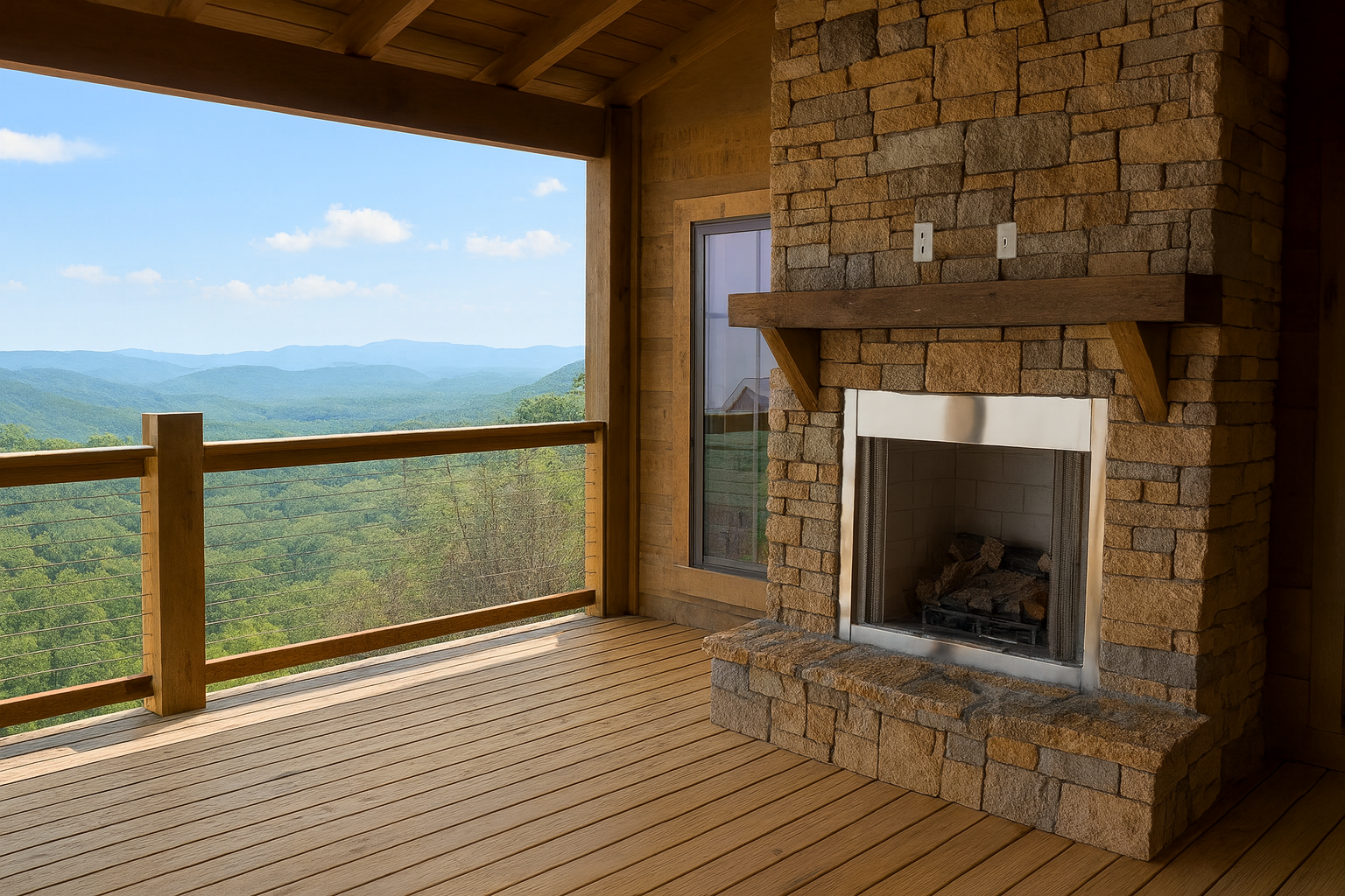 A covered porch with wooden flooring, cable-style railing, and a stone fireplace with a wooden mantle, overlooking distant green mountains and a bright blue sky.
