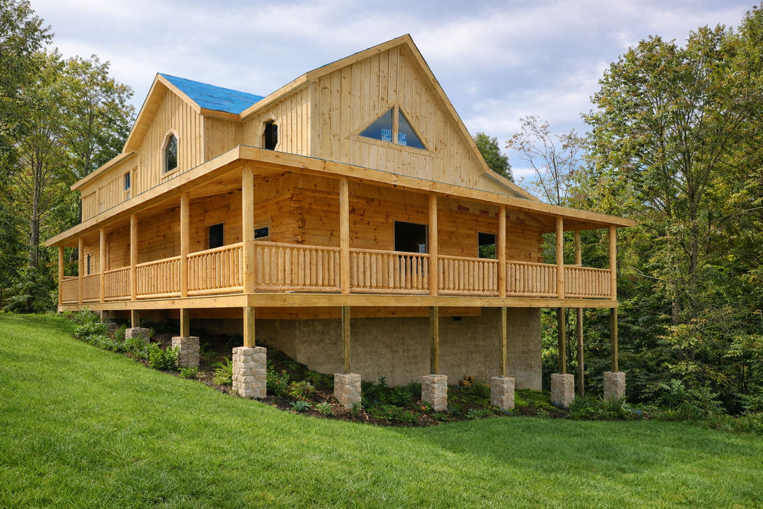 Rustic log railing along an outdoor cabin deck overlooking trees and forest scenery.