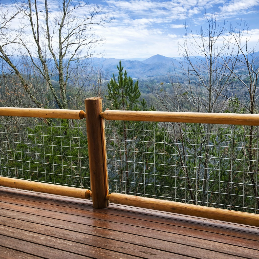 Wood post and hog wire deck railing on a Smoky Mountain cabin with natural outdoor scenery.