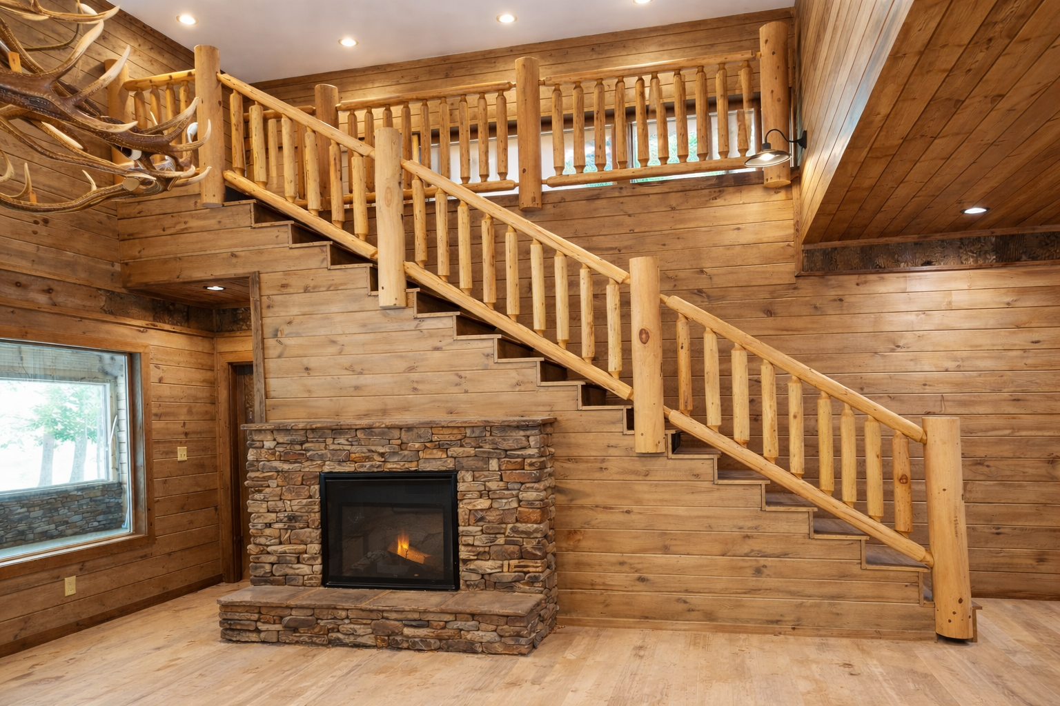 Interior wooden staircase with log railing beside a stone fireplace inside a rustic cabin.