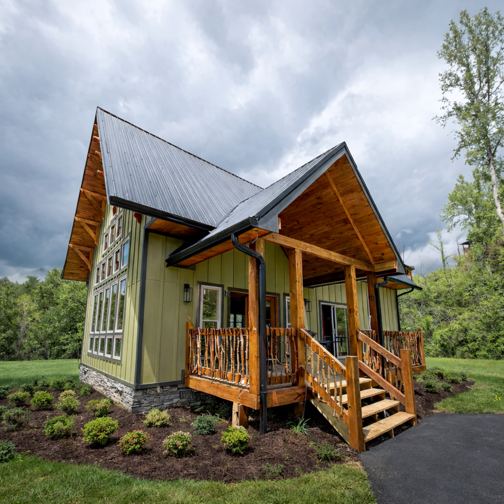 Natural twig railing installed on a rustic mountain cabin porch with wood posts and steps.