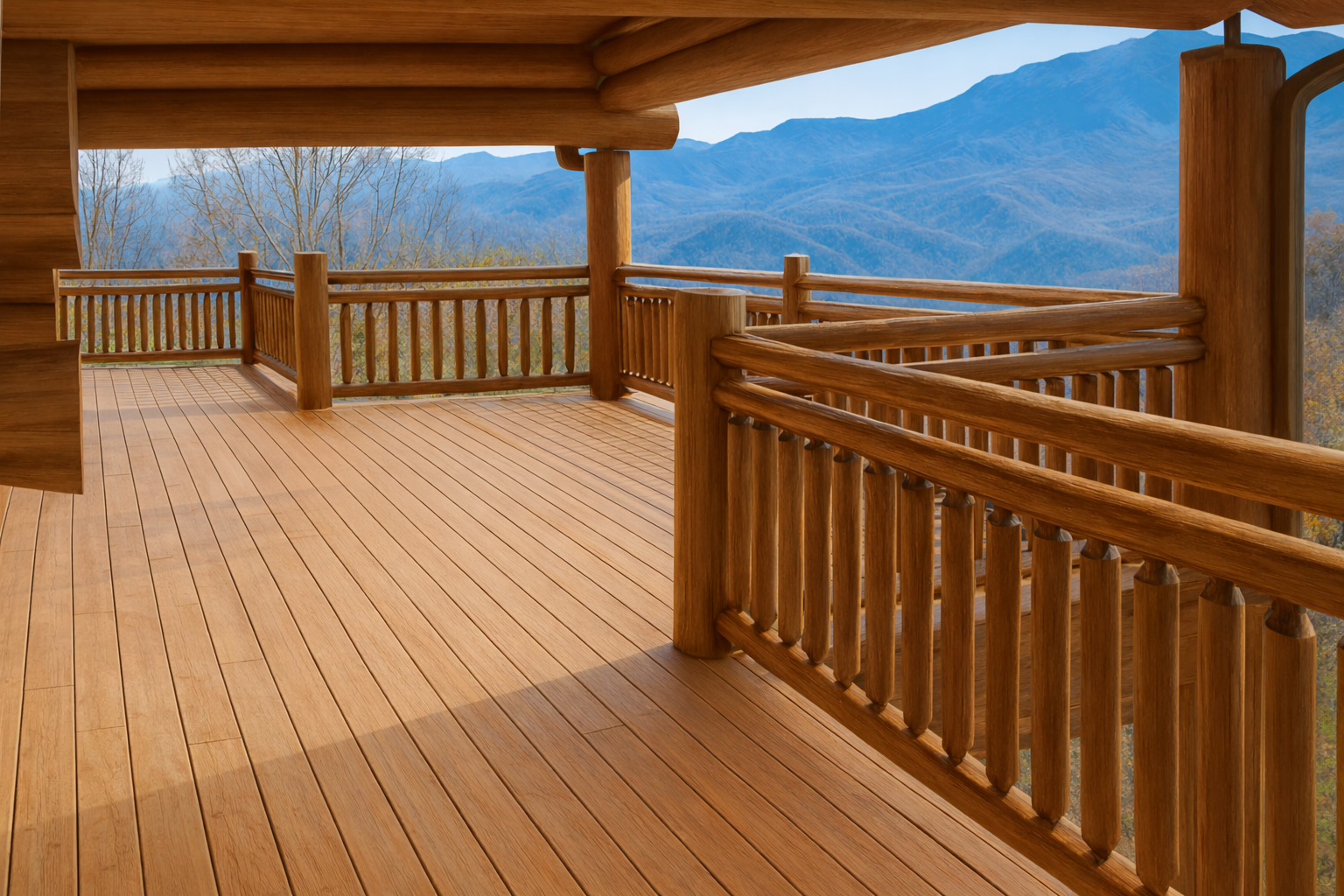 Handcrafted timber style railing providing natural wood detail on a Smoky Mountain cabin balcony.