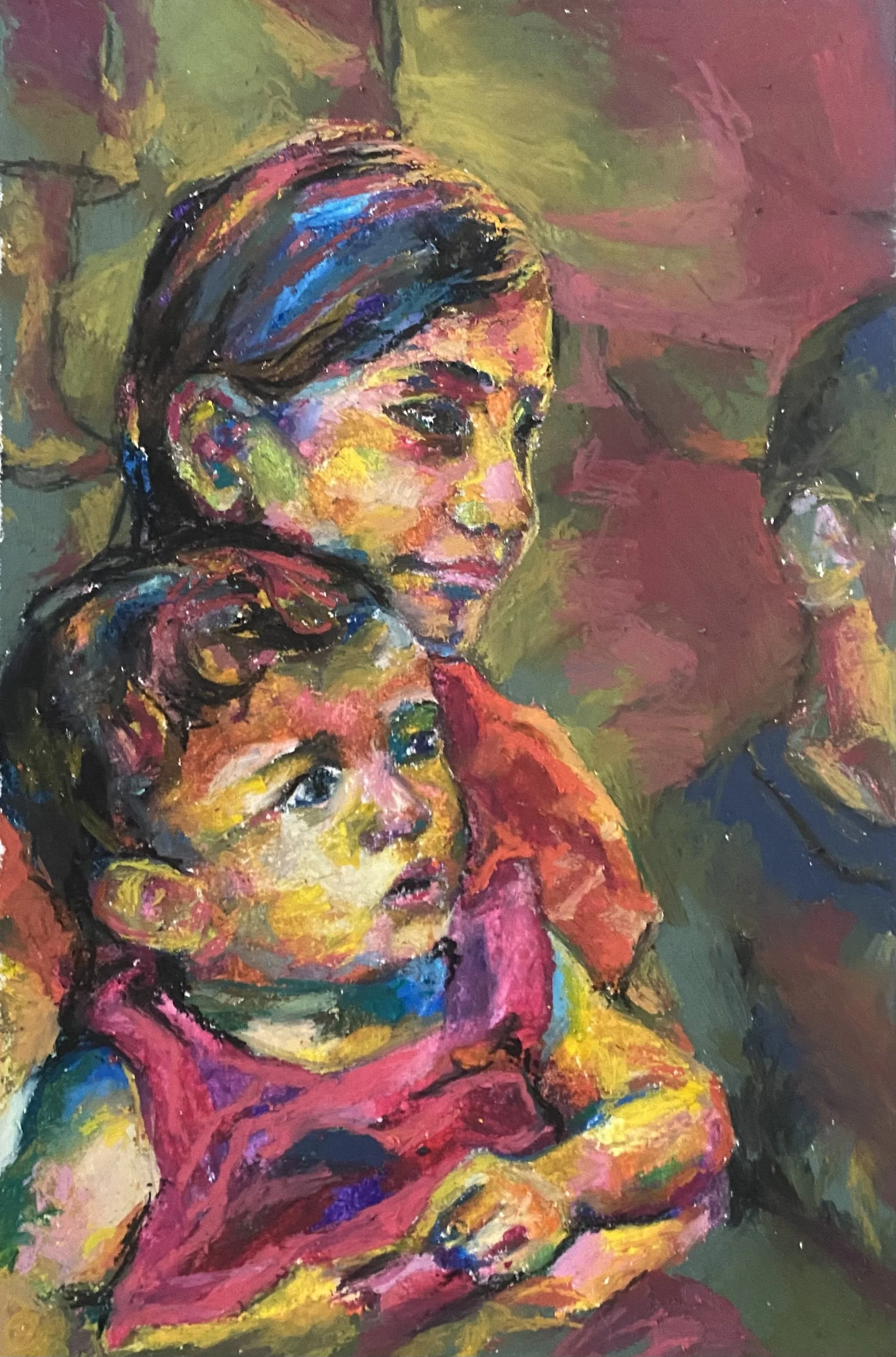 In Her Shadow And In Her Light, oil pastel on paper, 9" x 12", 2023.