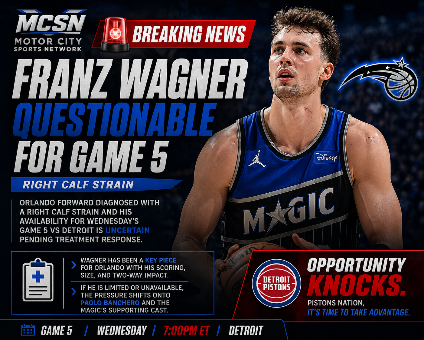 Franz Wagner’s Status in Doubt for Game 5 vs Pistons After Calf Injury