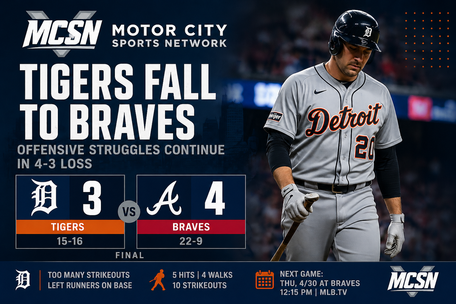 Tigers’ Offensive Struggles Continue in 4-3 Loss to Braves