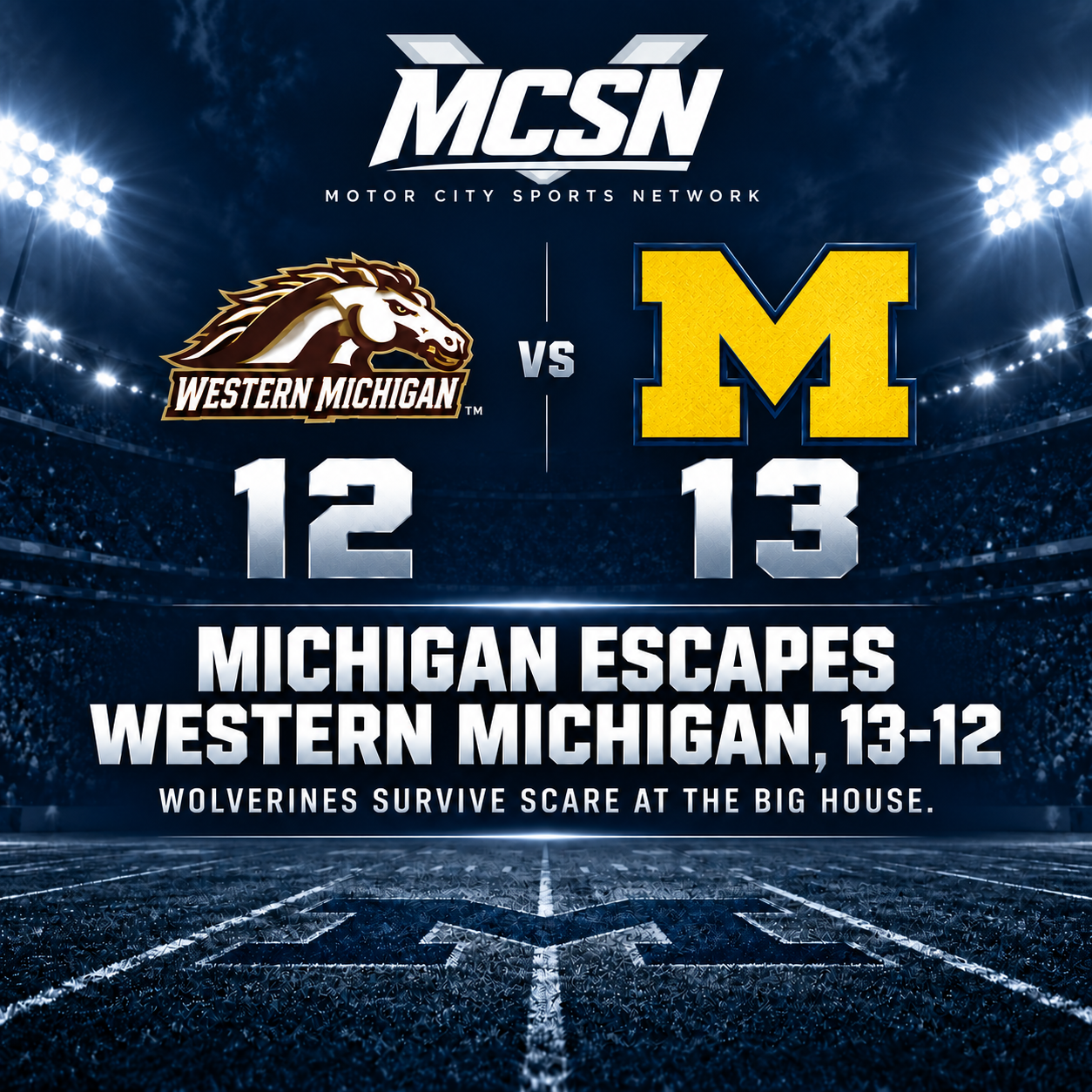 No. 16 Michigan Escapes Western Michigan 13-12 in Wild Season Opener at the Big House