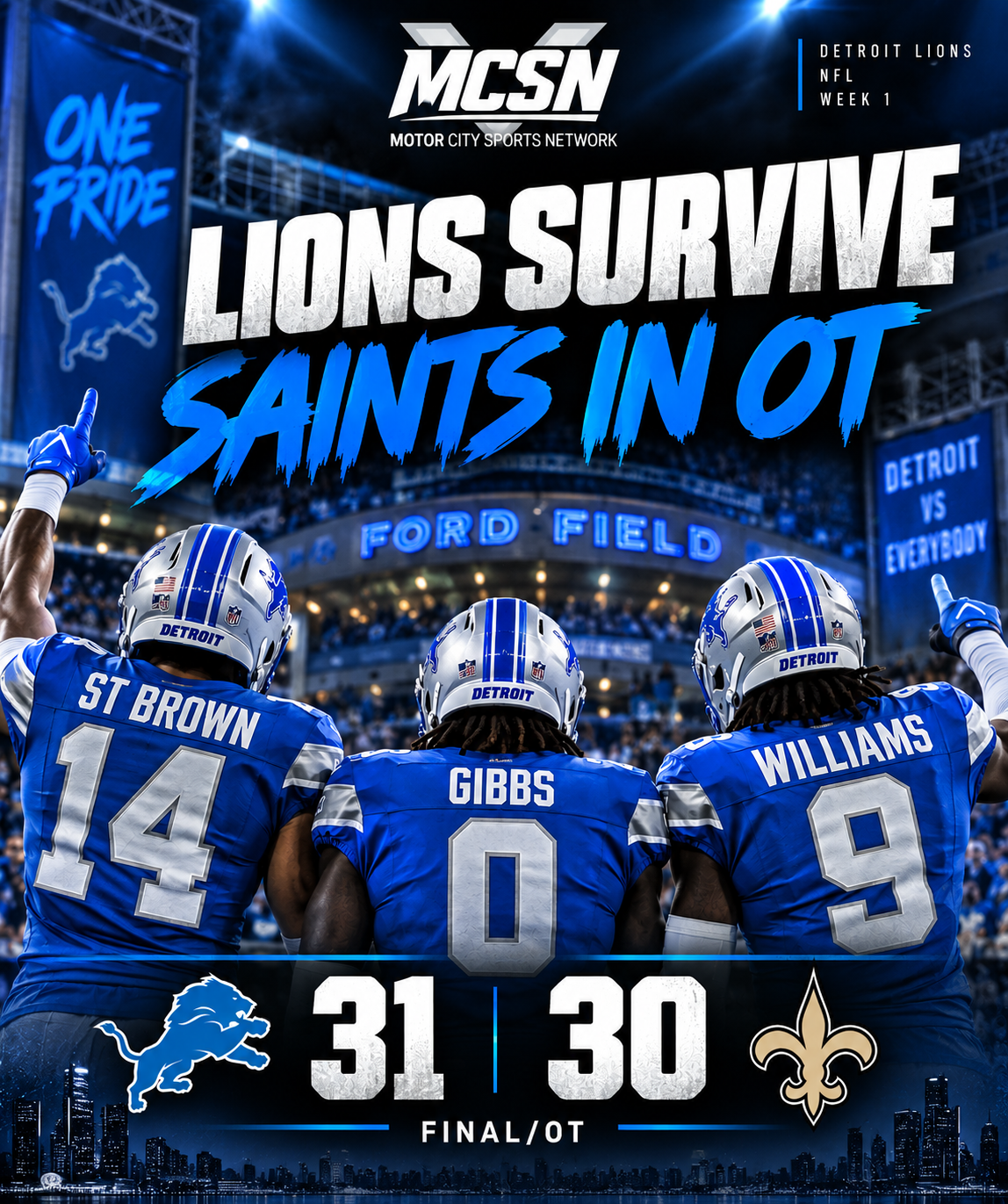 Lions Survive Saints in Overtime Thriller, Escape Week 1 With 31-30 Win
