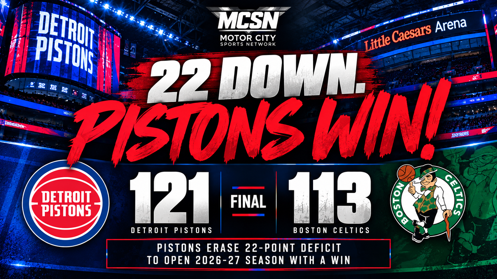 Pistons Erase 22-Point Deficit, Stun Celtics 121–113 in Dramatic Season-Opening Comeback