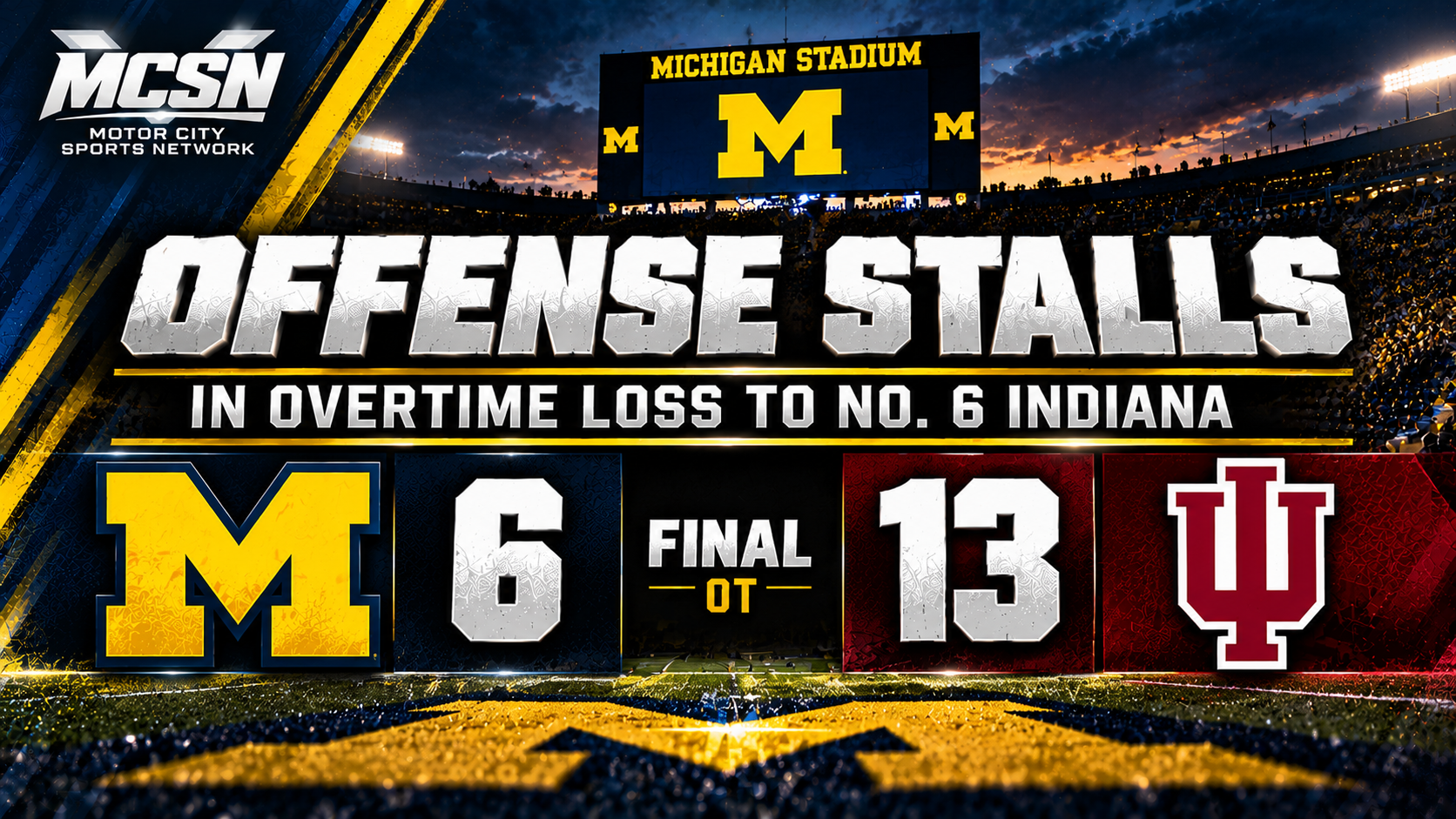 Michigan’s Offensive Struggles Continue as No. 6 Indiana Escapes Ann Arbor With 13–6 Overtime Victory