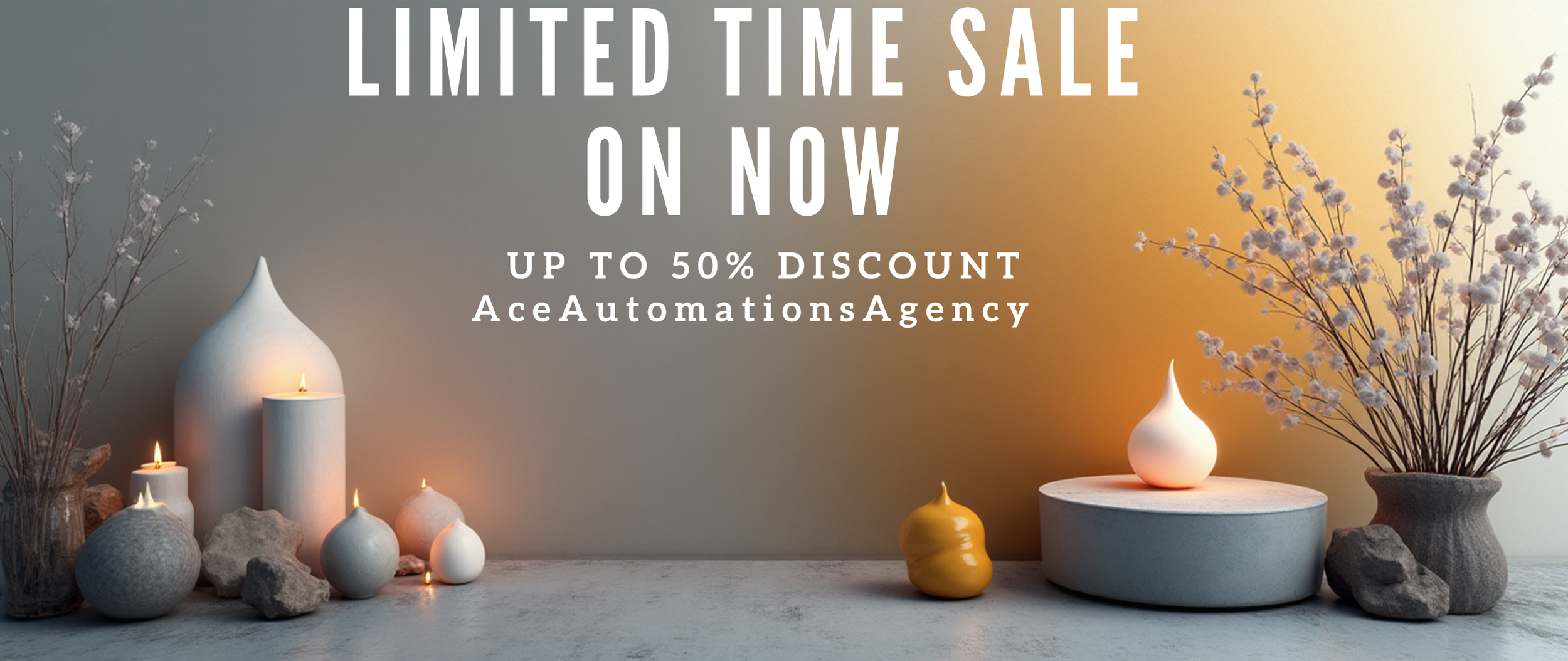 AceAutomationsAgency promotional graphic offering up to 50% off custom AI automation workflows and lead generation websites for high-ticket contractors.