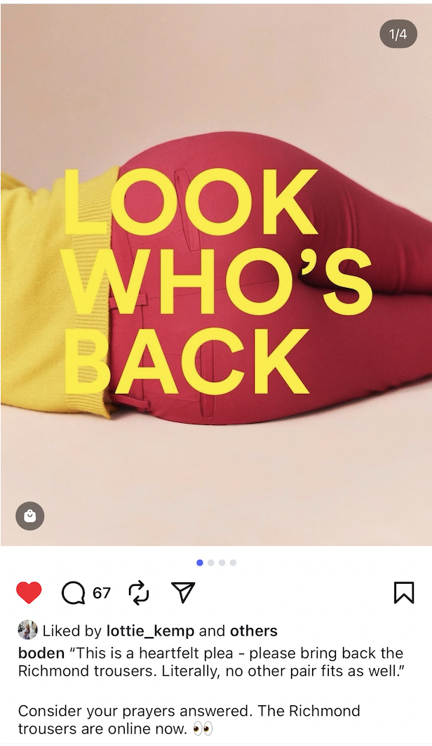 The Richmond trousers are one of Boden's most popular pieces of clothing, so the announcement about their return had to be lively and bold.