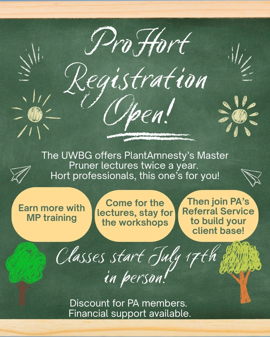 🌿 ProHort Registration is now open! 🌿

Calling all horticulture professionals! Join us for PlantAmnesty&rsquo;s Master Pruner lectures hosted by the UWBG. Classes start July 17th, in person at the Center for Urban Horticulture.

CEUs are available 