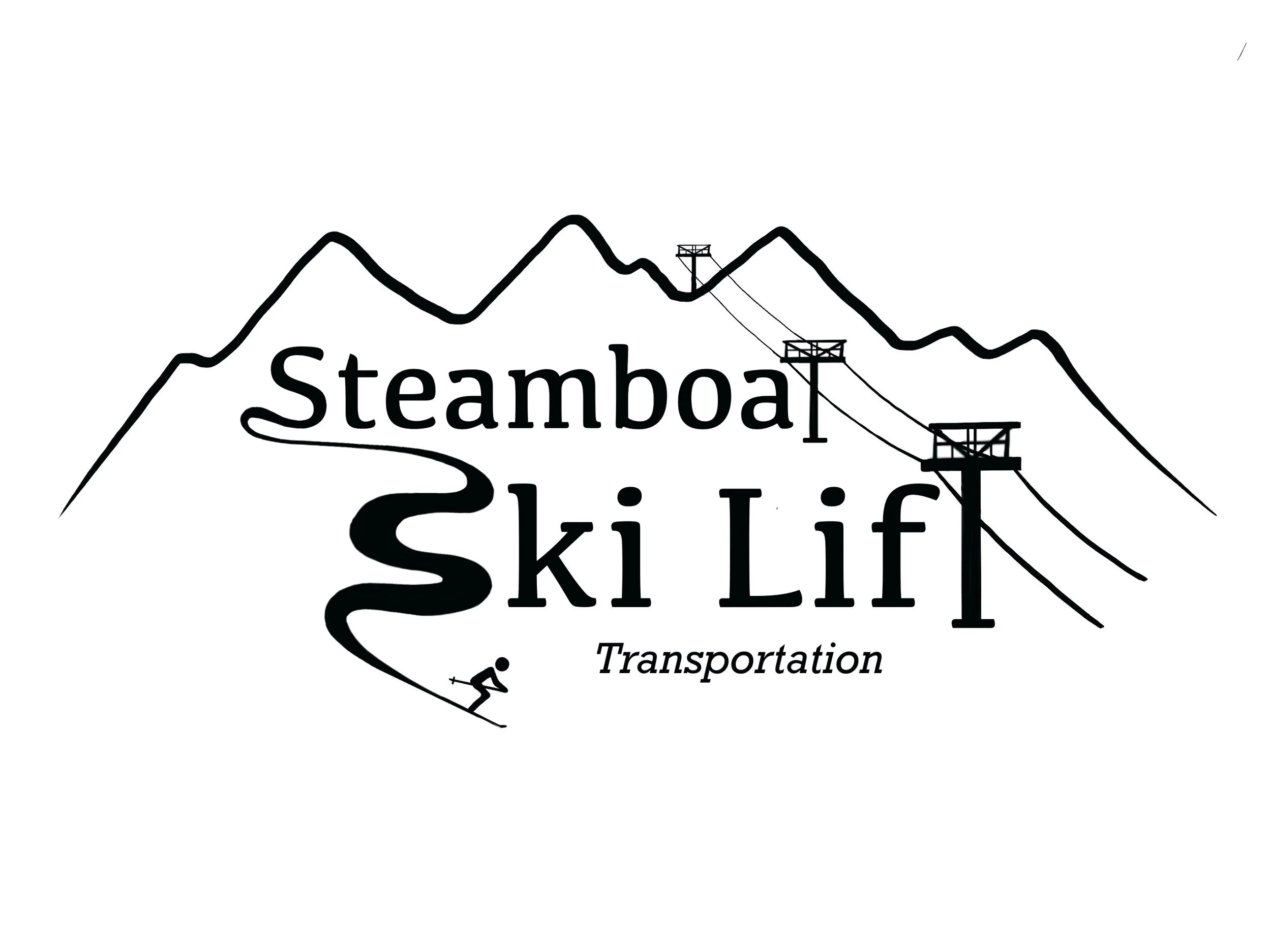Logo for Steamboat Ski Lift Transportation, featuring a mountain range outline, ski lift towers, and a skier descending a slope.