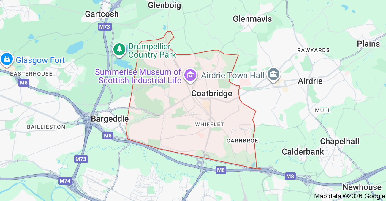 Map showing the town of Airdrie, Scotland, with surrounding areas, roads, parks, and landmarks.