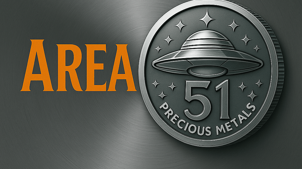 A metallic sign featuring a flying saucer with stars and the text '51' and 'Precious Metals' on a brushed metal background, with the word 'AREA' in orange.