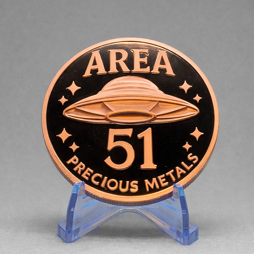 A coin with a design featuring a flying saucer, the words 'AREA 51,' and 'PRECIOUS METALS' around the bottom edge, displayed on a small blue stand.