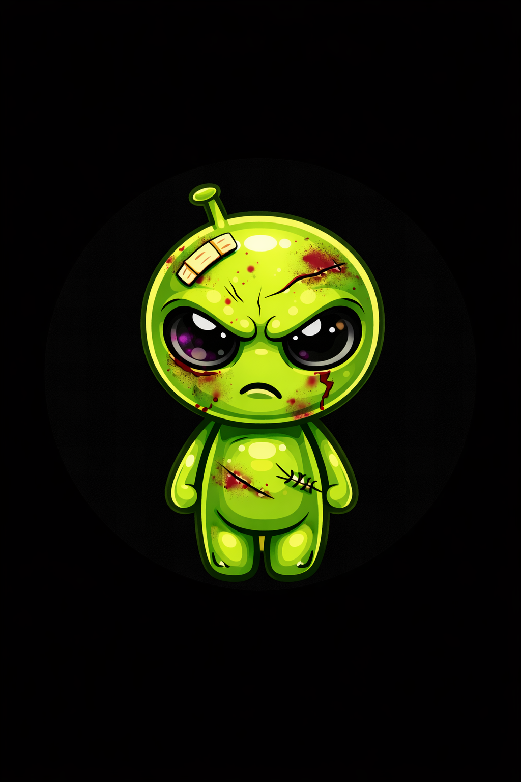A cartoon-style zombie creature with a green body and a large head, featuring a bandage on its forehead, various wounds, and a stern expression, set against a black background.
