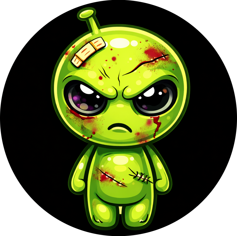 A cartoon zombie toy character with green skin, large black eyes, and angry expression. It has a bandage on its head, and visible wounds and scars, with bloodstains on its face and body, set against a black background.