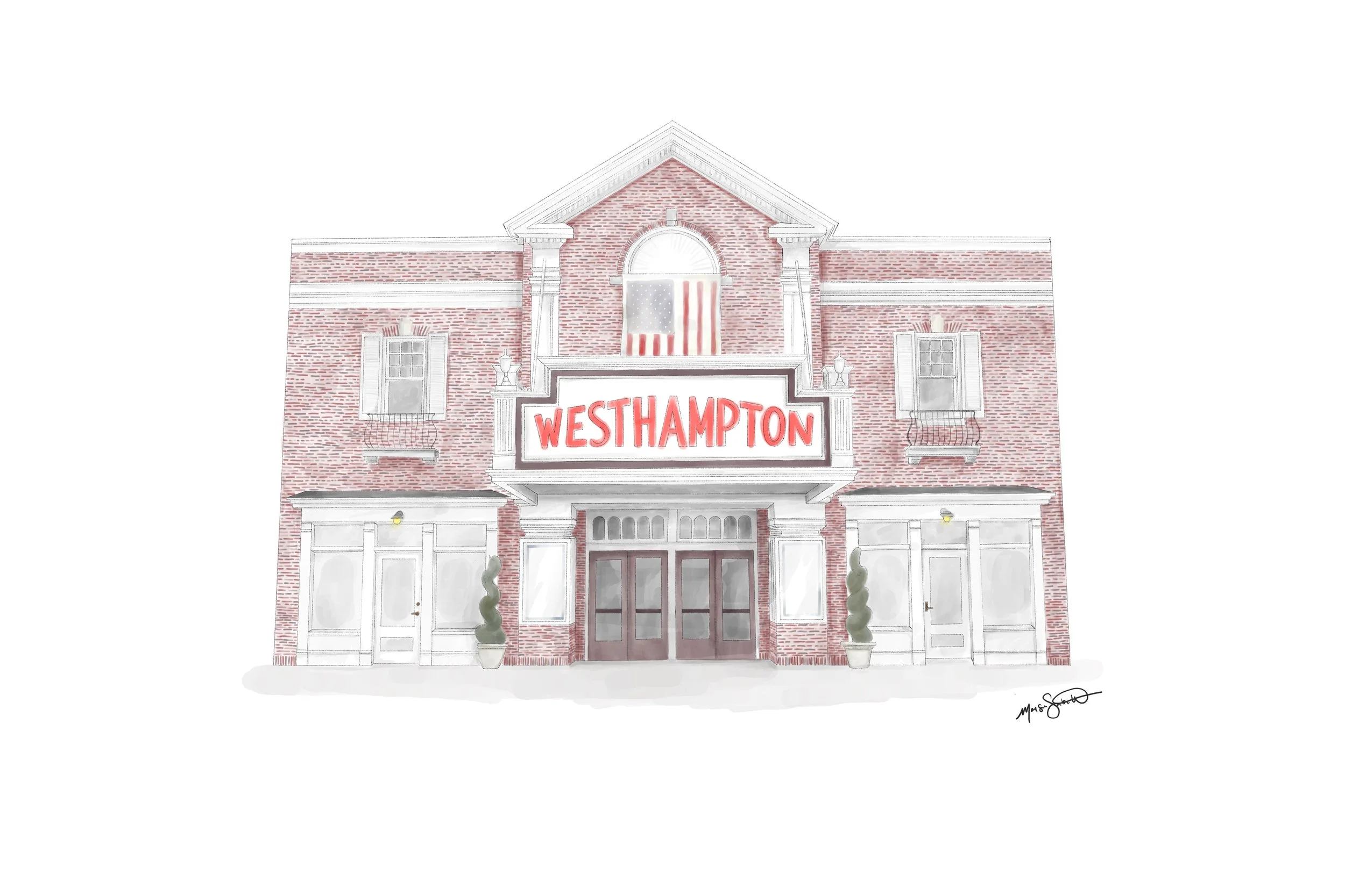 Illustration of a brick building with a sign that reads 'Westhampton' above the entrance, featuring double doors, shutters on windows, and potted topiary plants on either side.