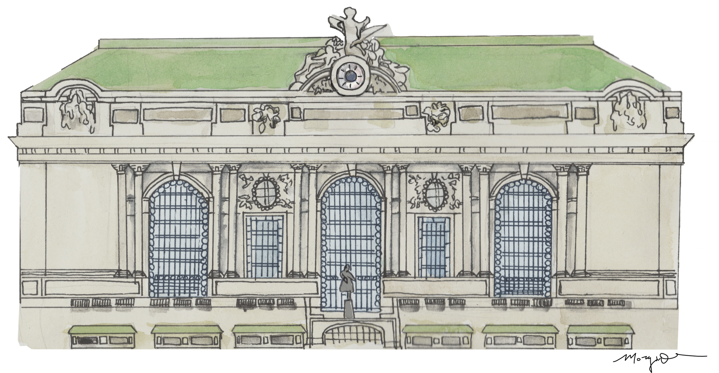 A watercolor sketch of a historic building with ornate architecture, large arched windows with blue grilles, decorative details, a green roof, and a central clock. There is a small statue in front of the entrance, and the building is set against a pl