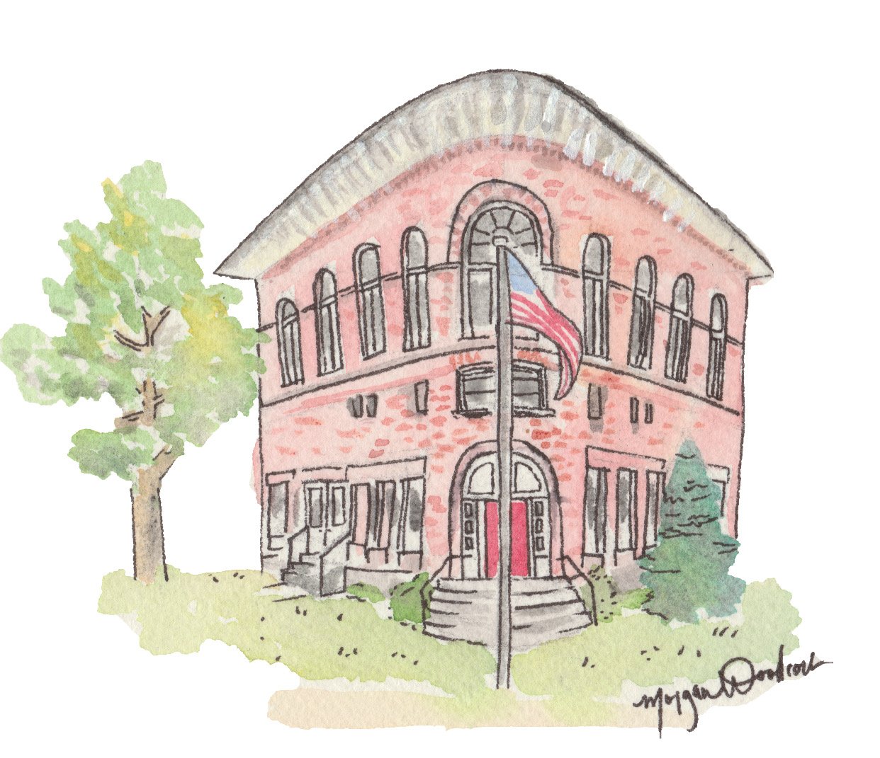 A watercolor illustration of a two-story pink brick building with an American flag flying in front. The building has a large arched entryway, stairs leading to the door, and a balcony with arched windows on the upper floor. There is a tree on the lef
