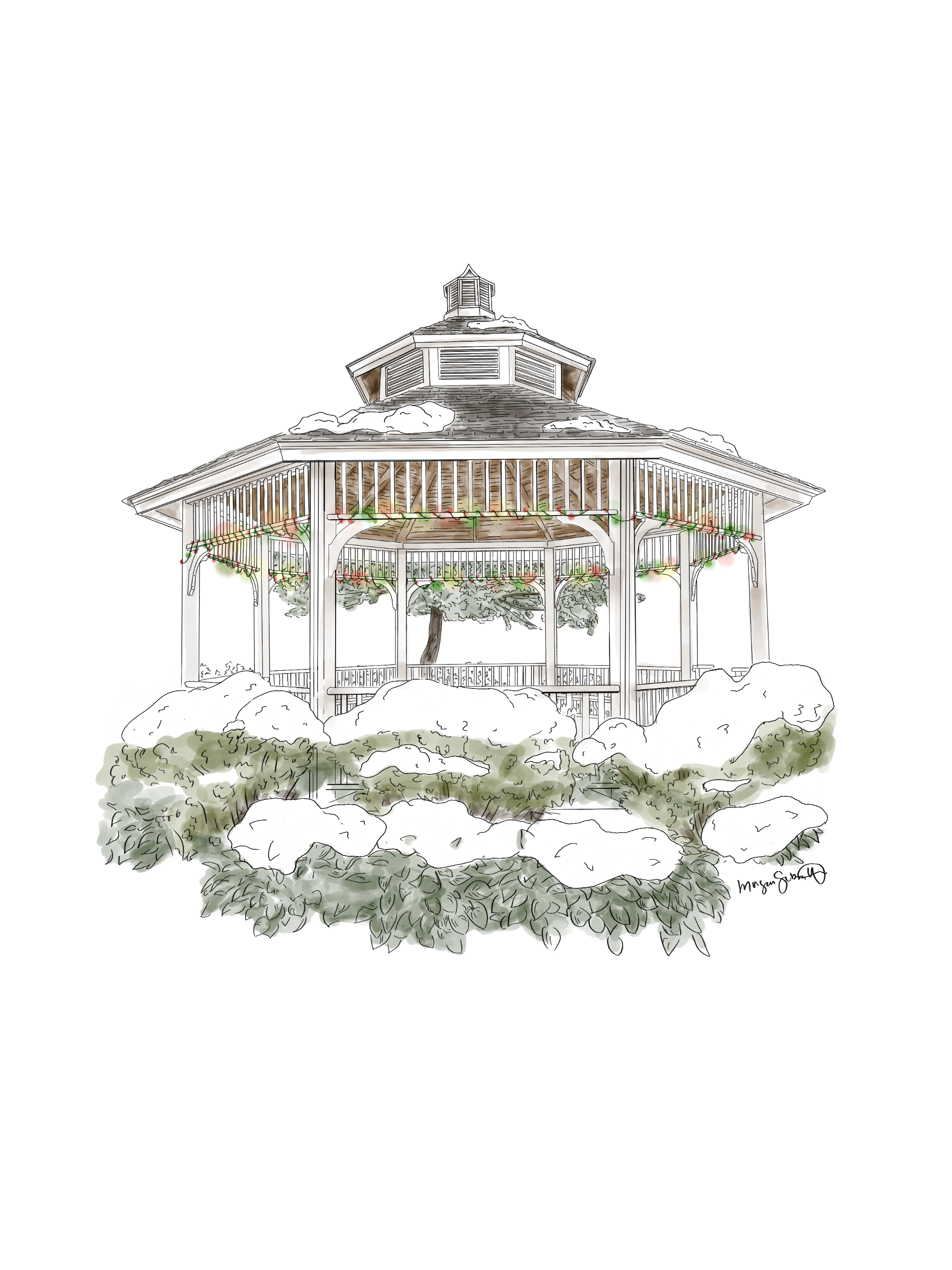 Illustration of a gazebo with a snow-covered roof, decorative string lights, surrounded by bushes and trees.