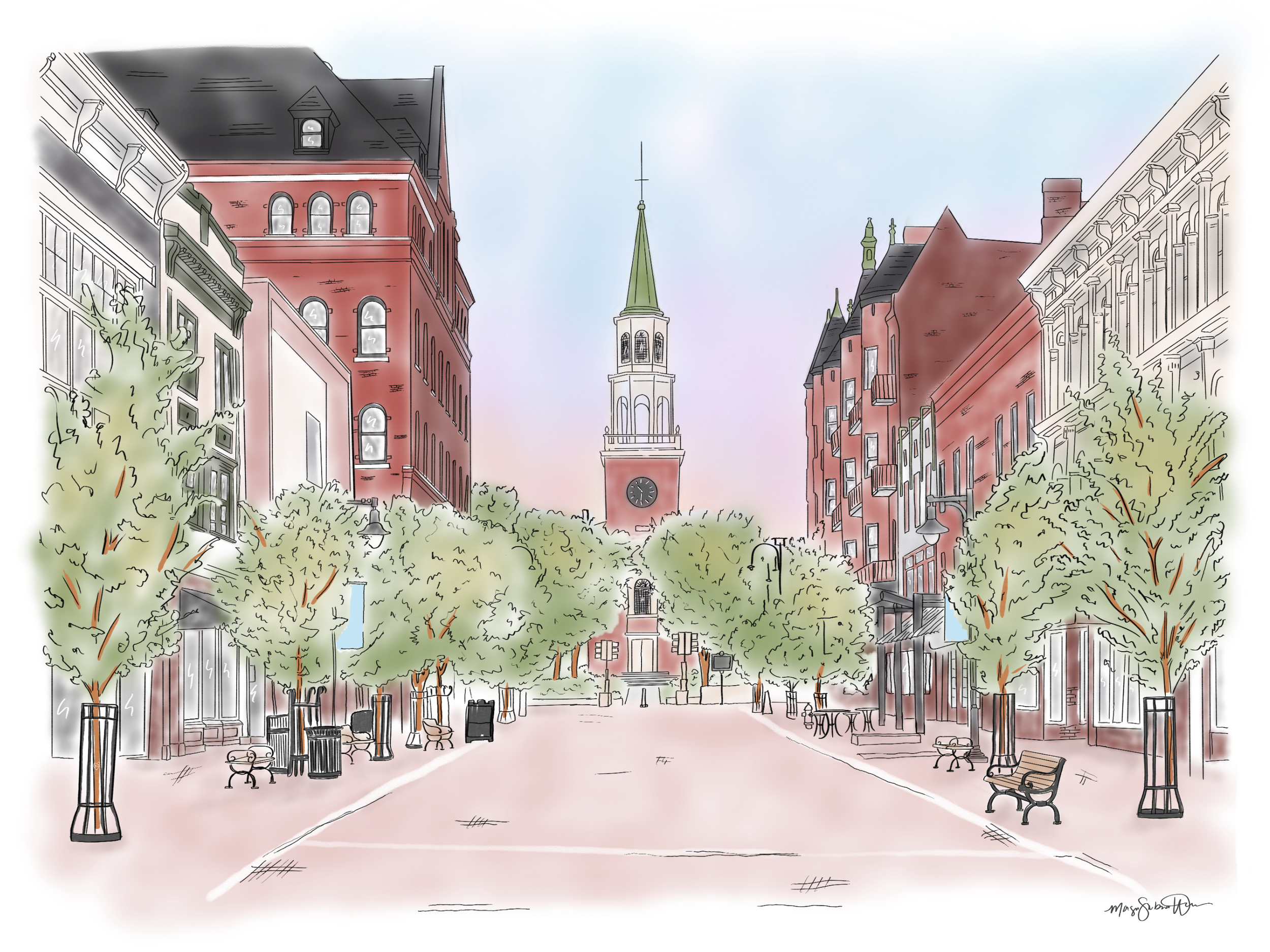 A pastel-colored sketch of an urban street with benches, trees, and old brick buildings, featuring a clock tower with a green spire in the background.